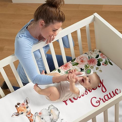 Miniatura 4 de KAINSY Sábanas para cuna con nombre personalizado, ropa de cama de bebé personalizada para niños y niñas, sábanas bajeras plegables portátiles de