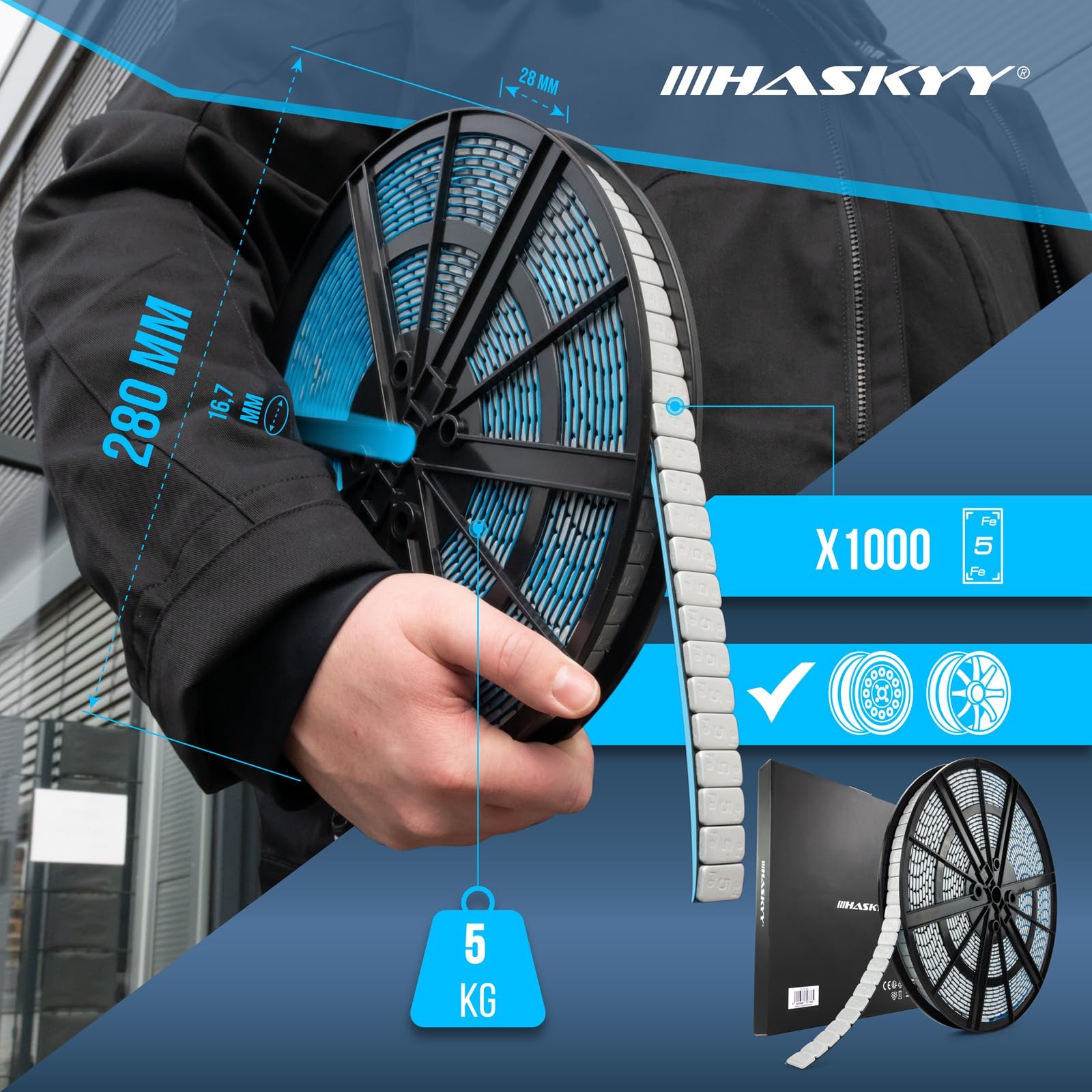 HASKYY, 5 kg di pesi di bilanciatura in rotolo, argento, pesi adesivi autoadesivi, 1000 x 5 g, pesi di bilanciatura con bordo strappo, 19 mm di lunghezza, strisce adesive per cerchi in acciaio e