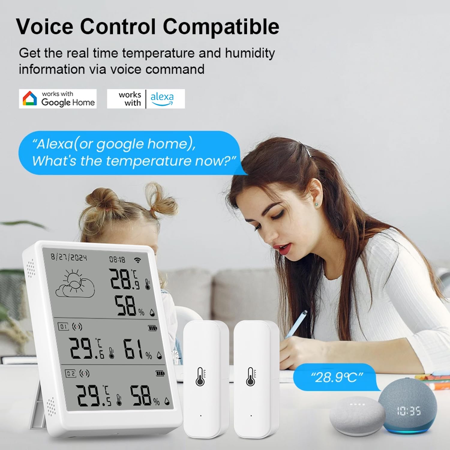 WiFi Thermometer Hygrometer Indoor: Digital Smart Temperature Humidity Monitor with App Notification Alert, Data Storage Export, 100m Range, Compatible with Alexa (3Sensors+1Base Station)