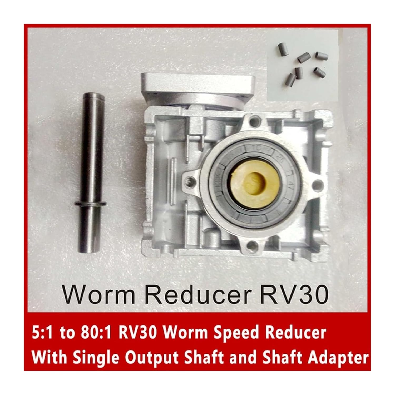 5:1 to 80:1 RV30 Worm Speed Reducer with Single Output Shaft and Shaft Adapter for 8mm Input Shaft of 57mm Nema 23 Motor
