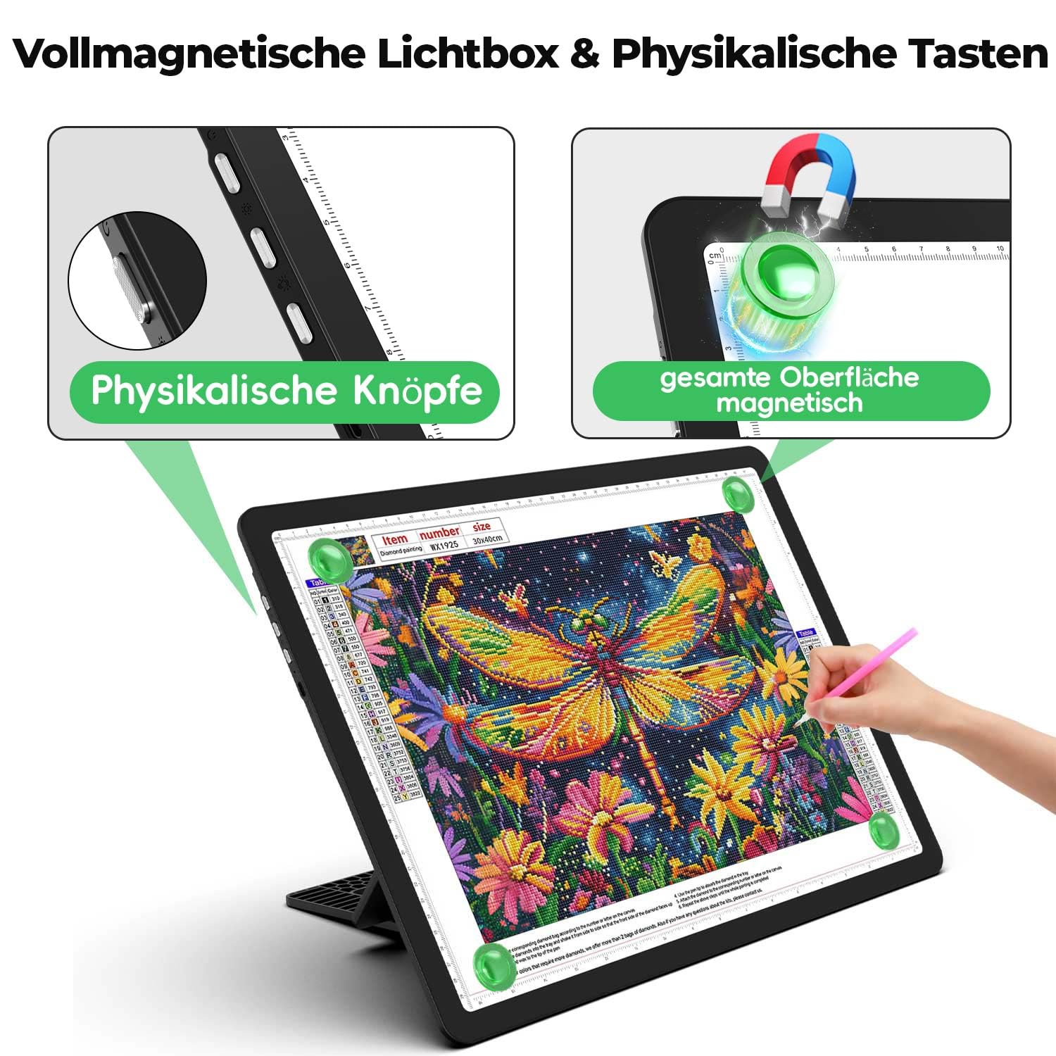 Zocelight wiederaufladbares A4 Leuchttisch mit integriertem Ständer & Tasche, Superheller magnetischer light box mit physischen Tasten,Lichtkasten für diamond painting, Leuchtplatte für Skizzieren