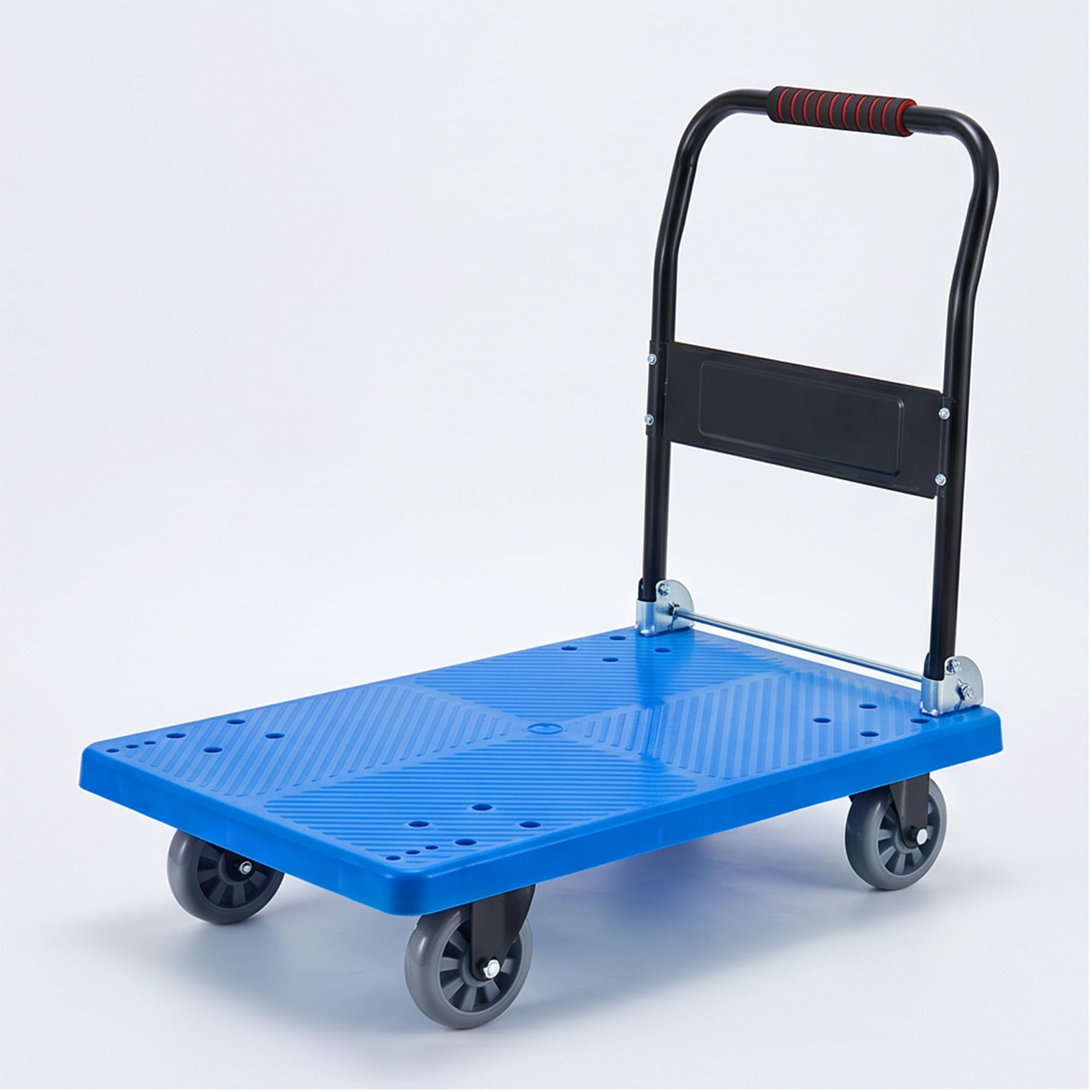 Bonkaso Heavy Duty Platform Truck 500 Kg Load Capacity, Foldable Metal Handle, Blue Anti-Slip Plastic Deck, TPR Wheels, Reinforced Base, Material Handling Trolley for Warehouse & Industrial Use