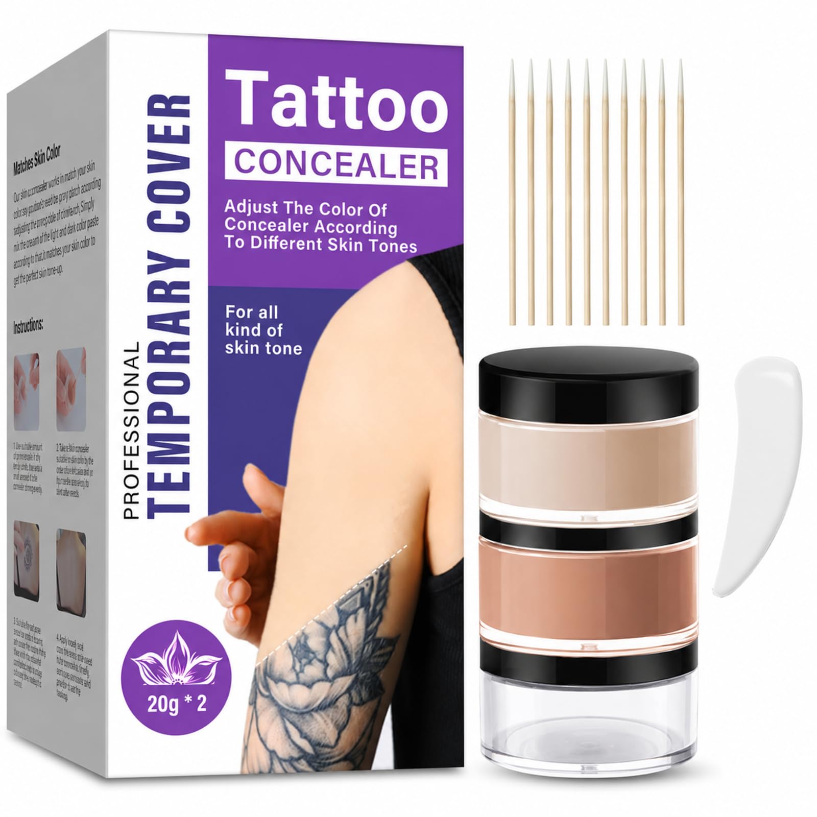 Tattoo Cover Up Set, 2 Farben 40g Tattoo Make Up Cover Wasserfest, Zum Mischen Für Alle Hauttöne Professionelle Temporäre Abdeckung Concealer, Hautfreundliche Natur & Unsichtbar