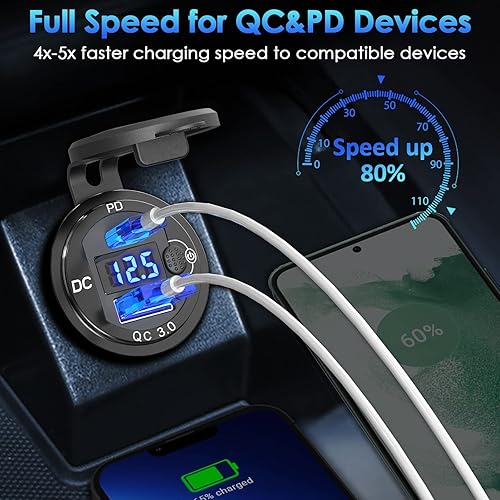 Miniatura 3 de PD 20W USB-C y 18W QC3.0 Puerto USB de aluminio 12V enchufe de cargador con interruptor de alimentación Voltímetro para automóvil, barco, marina,