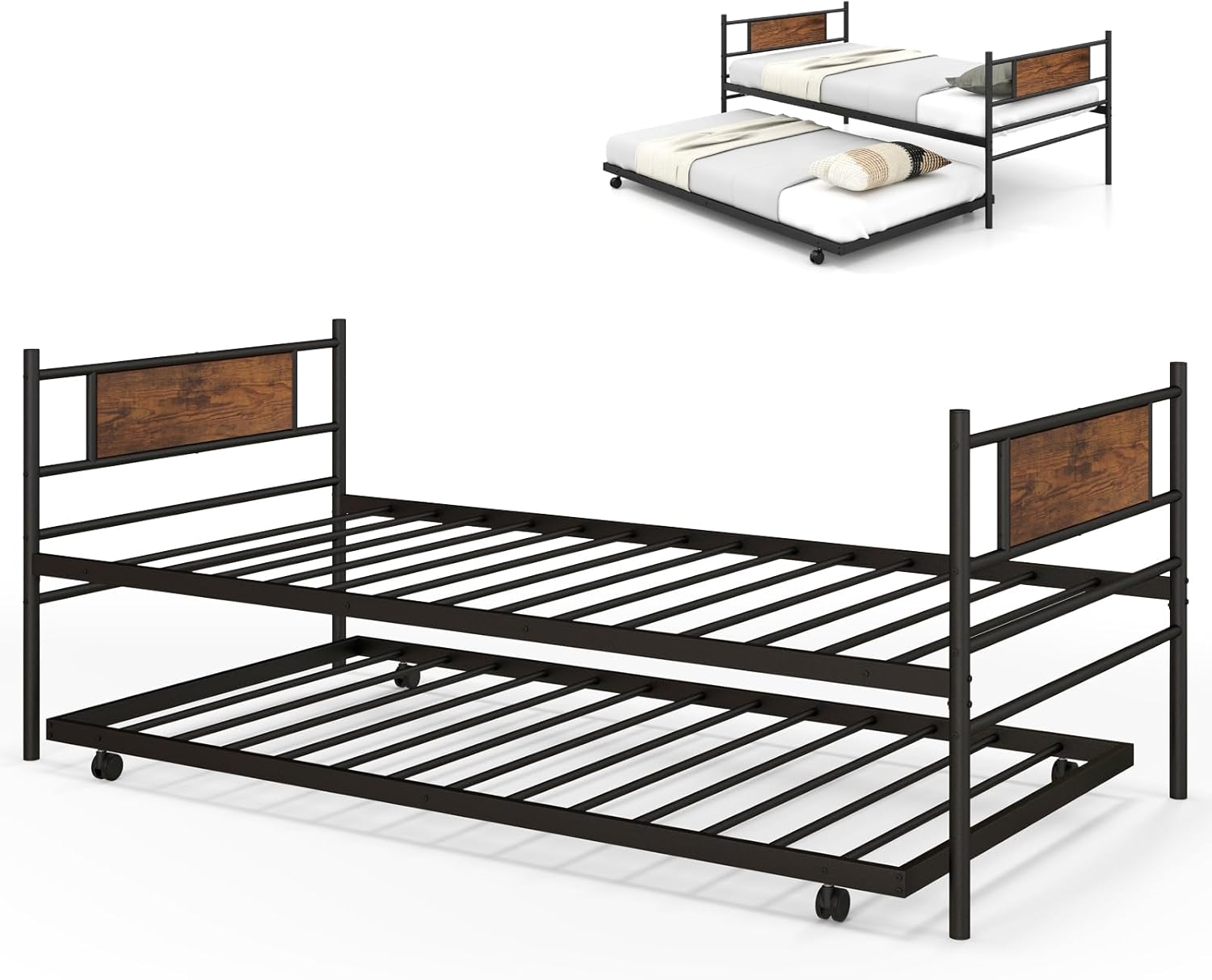 Multigot 2 in 1 Single Bed Frame, 3FT Pullout Day Bed with Trundle Bed