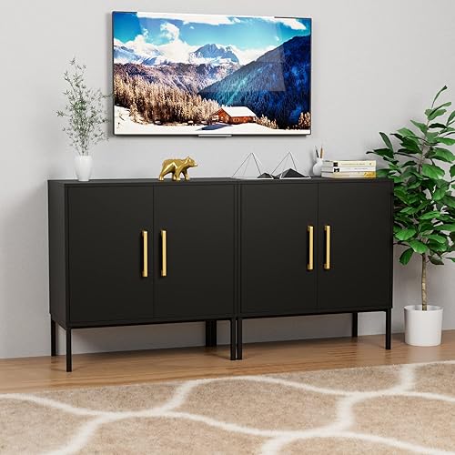 CARPETNAL Set of 2 Accent Storage Cabinet with Doors and Adjustable Shelf, Freestanding Buffet Cabinet, Modern Sideboard Buffet Cabinet for Living Room, Dining Room, Kitchen, Hallway (Black)