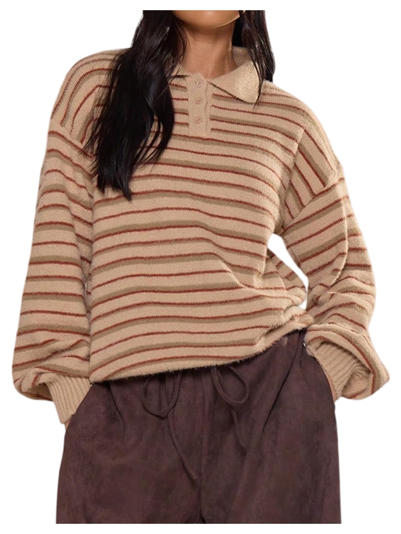 Womens Striped Lightweight Golf Sweaters Long Sleeve Collared Button Loose Fit Pullover Tops