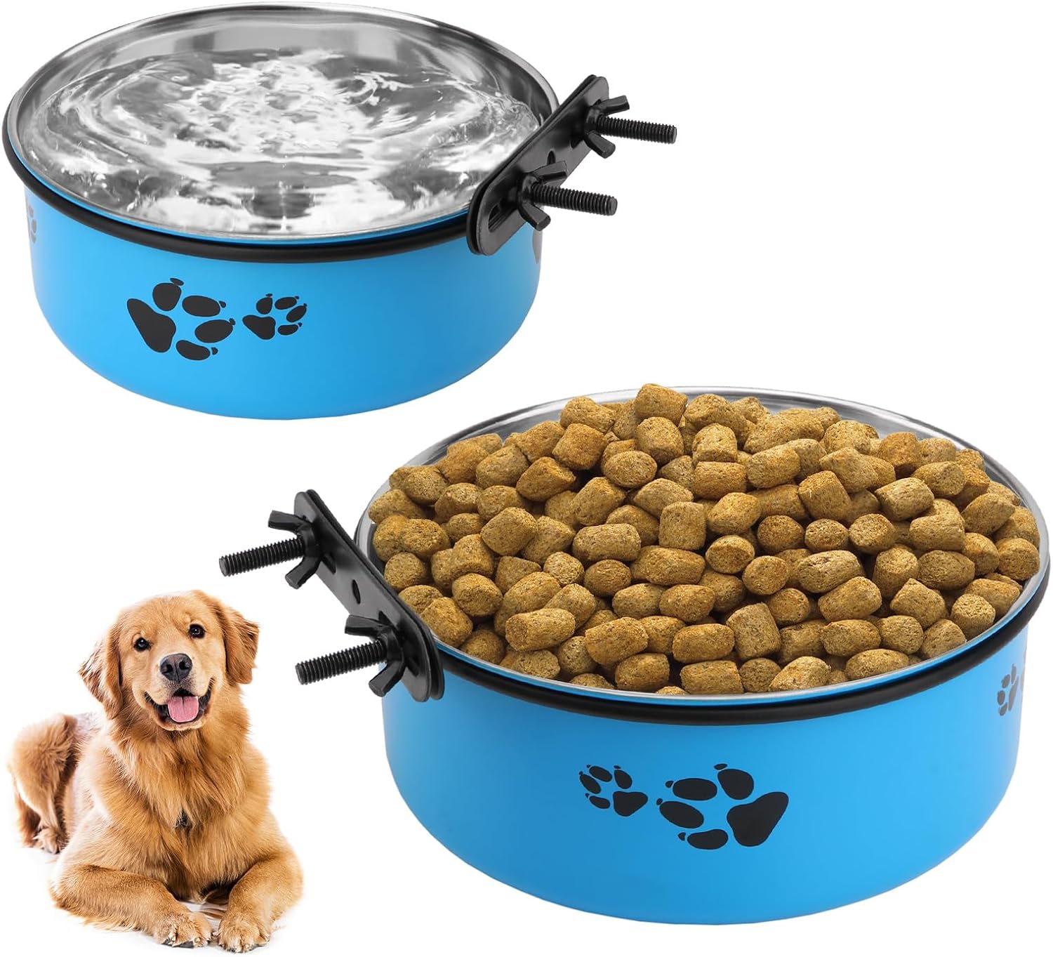 Stainless Steel Dog Crate Bowls Hanging No Spill 2 PCS - Adjustable Mountable Kennel Bowls for Medium/Large Dogs, Anti Spill Water & Food Bowl Set (Blue, L(6.3"+7.1"))