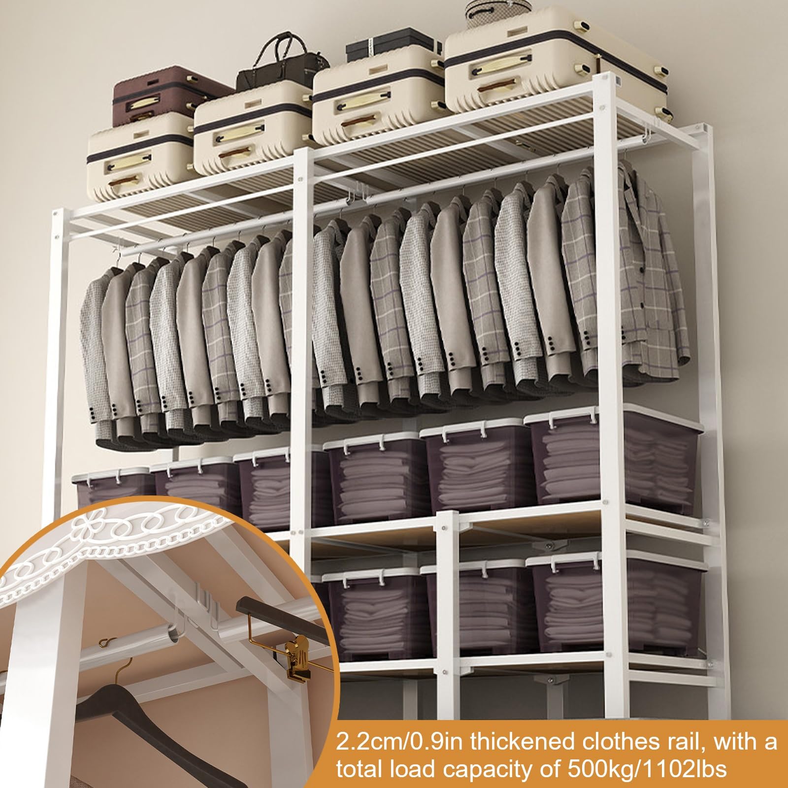 Tragbarer Stoff Kleiderschrank, Faltschrank mit Abdeckung, 500 kg Tragfähigkeit, Stoffschrank mit Regalen, für Modulare Kleiderschranksysteme(130cm/51in)