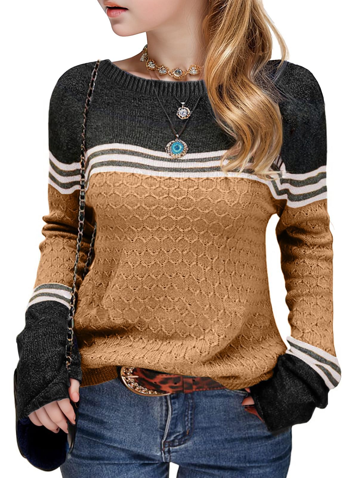 Seiciviy Girls Winter Sweaters Long Sleeve Round Neck Color Block Striped Casual Loose Lightweight Fall Spring Cozy Tops