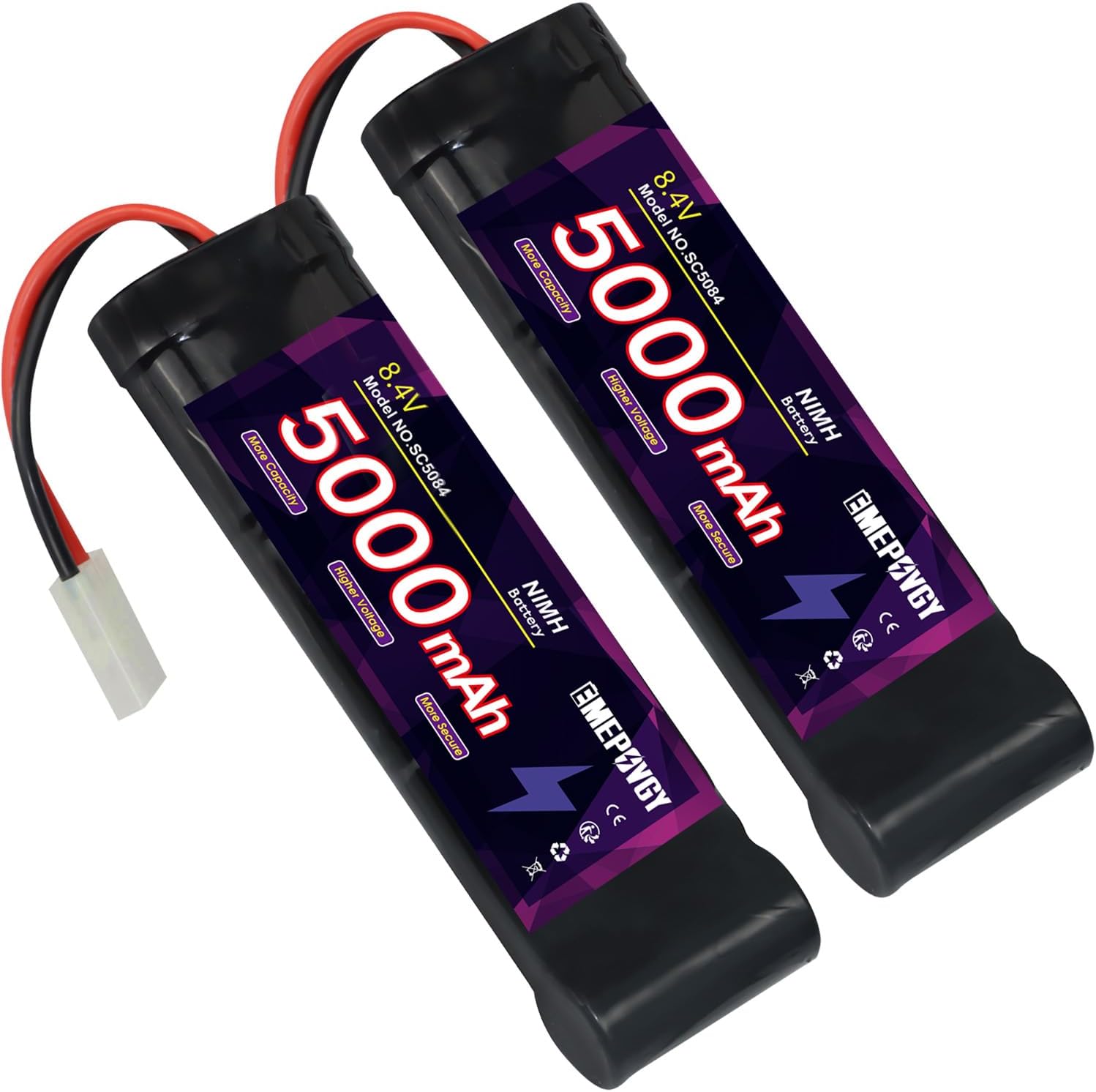 8.4V RC NiMH Battery 5000mAh Capacity Rechargeable 7-Cell Flat Battery Pack with Tamiya Plug(2 Packs)