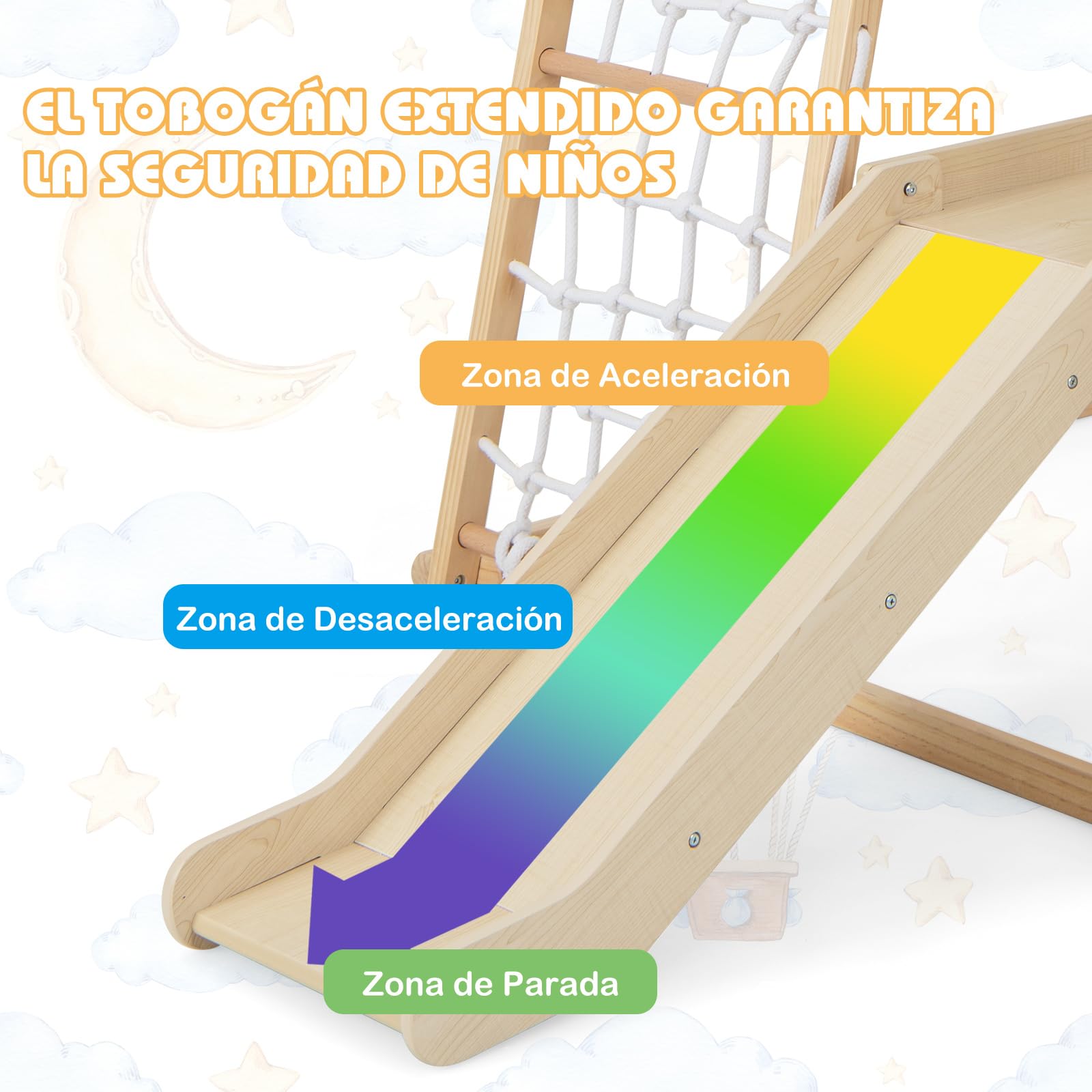 COSTWAY Parque Infantil para Interior 6 en 1, Montessori Parque Infantil Barras, Tobogán, Cuerda y Escaleras de Madera, Juego Escalador de Juguete con Anclajes para Niños 1+ Año (Natural)