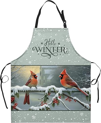 Kwlegh Delantal de cocina de pájaros cardenales de Navidad con bolsillos y correa ajustable para mujeres, delantales impermeables de copos de nieve