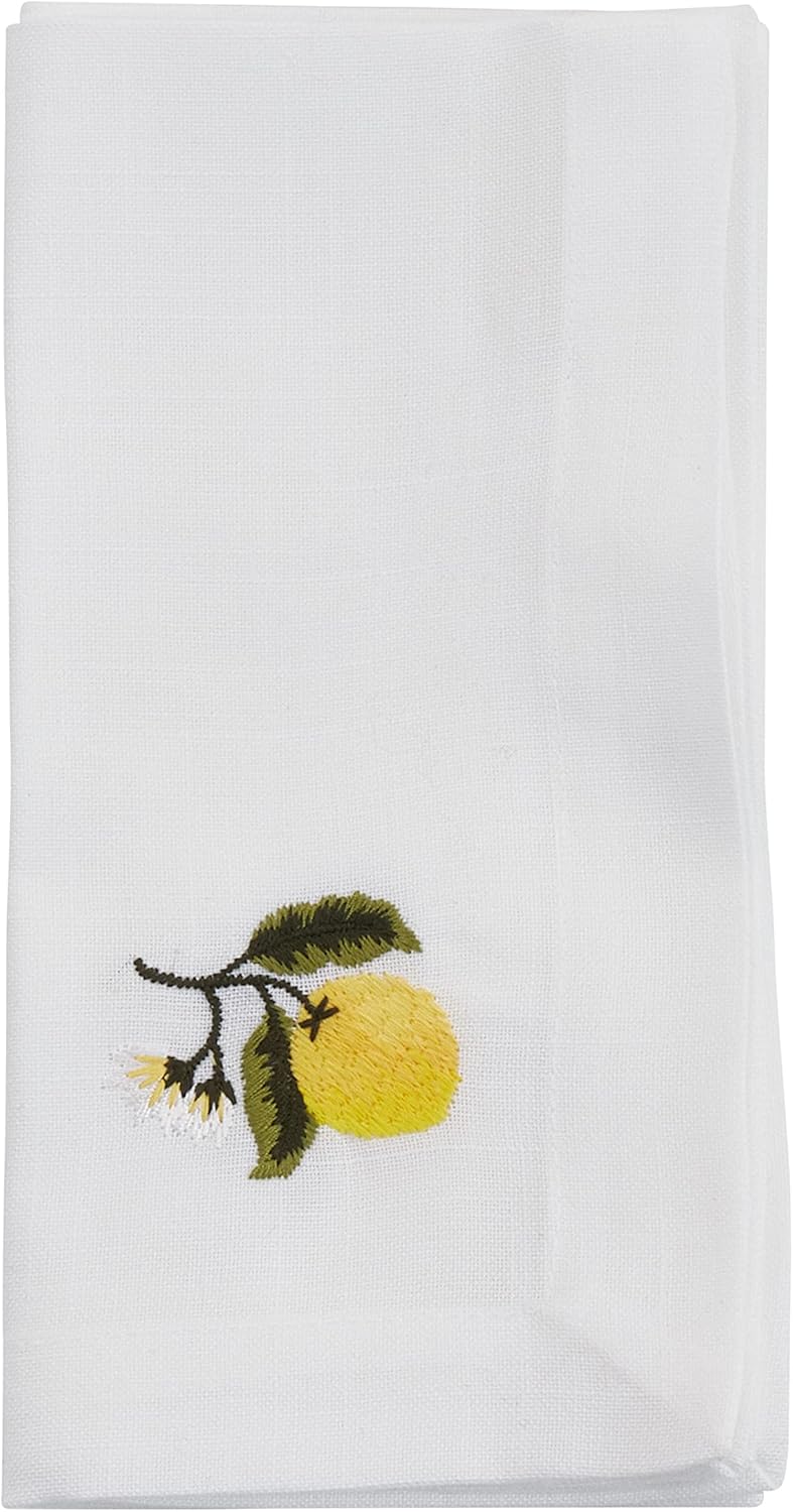 Saro Lifestyle Embroidered Lemon Napkin (Set of 4), White, 20"x20"