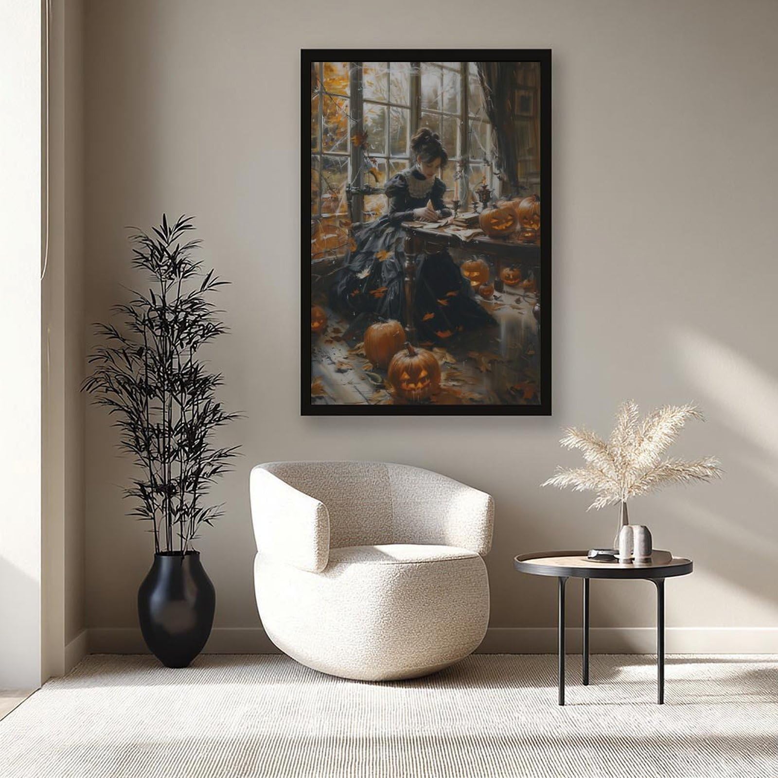 Poster sur toile représentant une femme avec une lanterne citrouille - Décoration pour chambre à coucher, bureau, chambre - Cadeau - 40,6 x 61 cm (L x l)