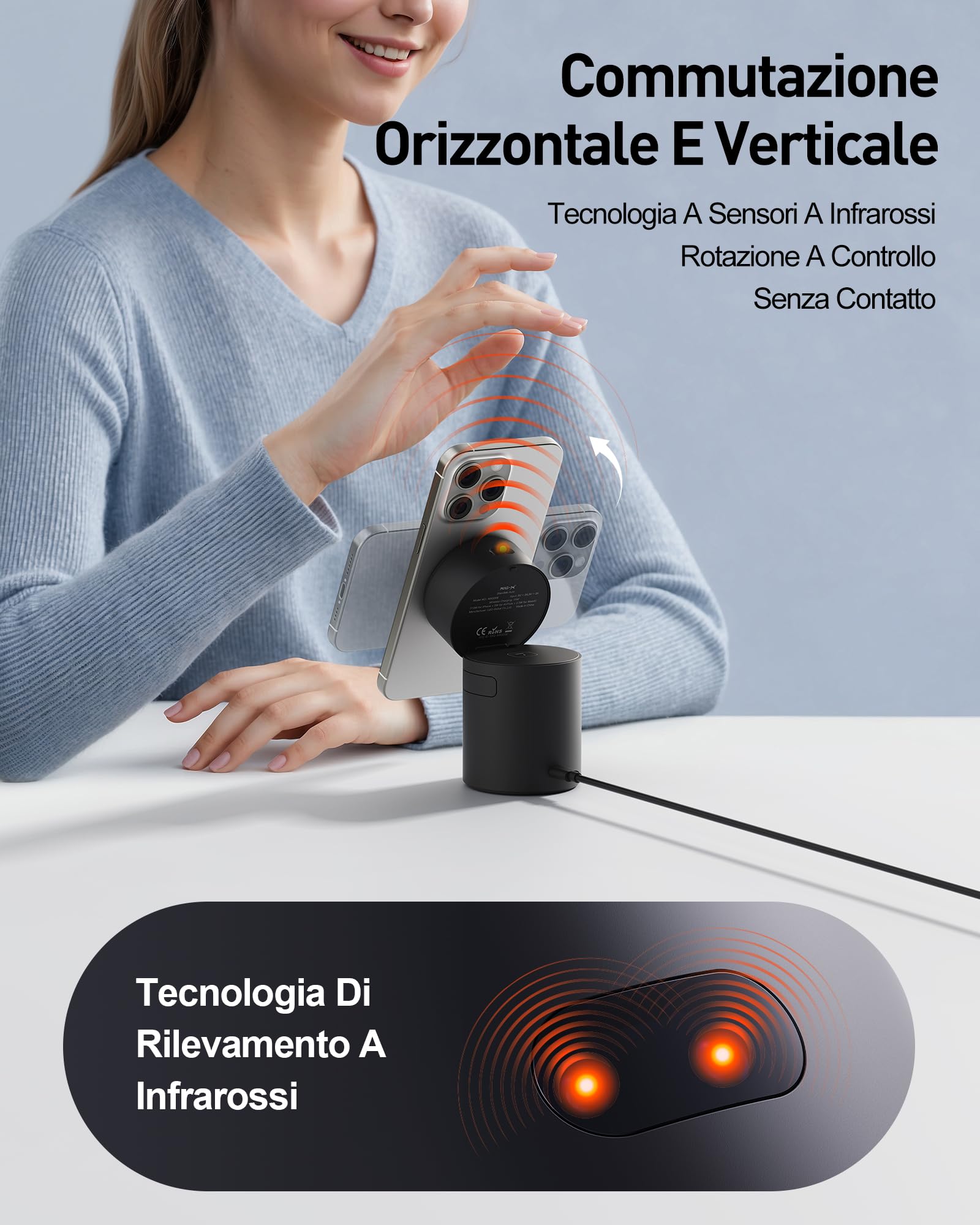 iWALK 3 In 1 Supporto Di Ricarica Wireless Con Rotazione Automatica, Stazione Di Ricarica Con Magnete, 15W Stazione Di Ricarica Wireless Pieghévole Per iPhone 16 15 14 13 12 & Apple Watch & Airpods