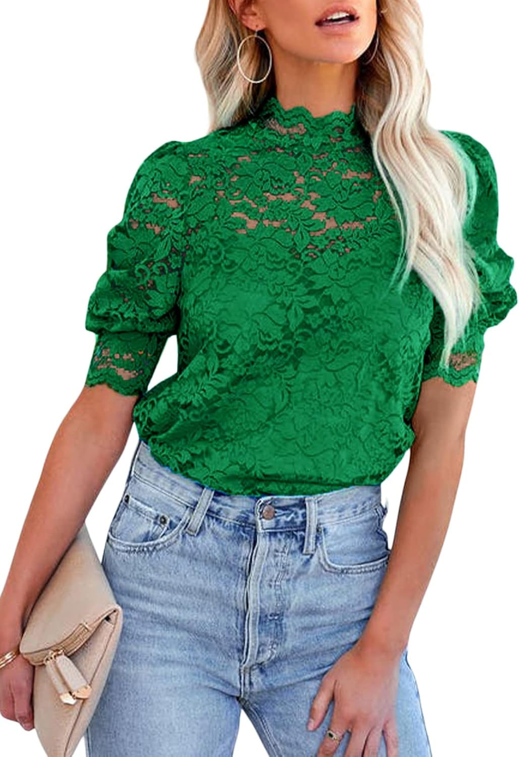 BLENCOT Womens Summer Tops Puff Short Sleeves T-Shirt Lace Mock Neck Blouses 2pcs Shirts for Women with Camisole Top