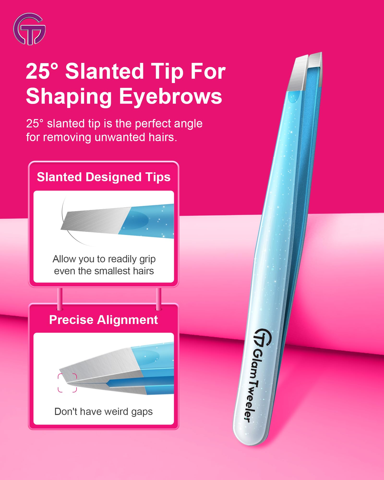 GlamTweeler - Juego de pinzas de punta inclinada y puntiaguda con exclusiva funda de cuero, juego de pinzas afiladas y de precisión para cejas, vello facial y eliminación de vello fino (azul brillante