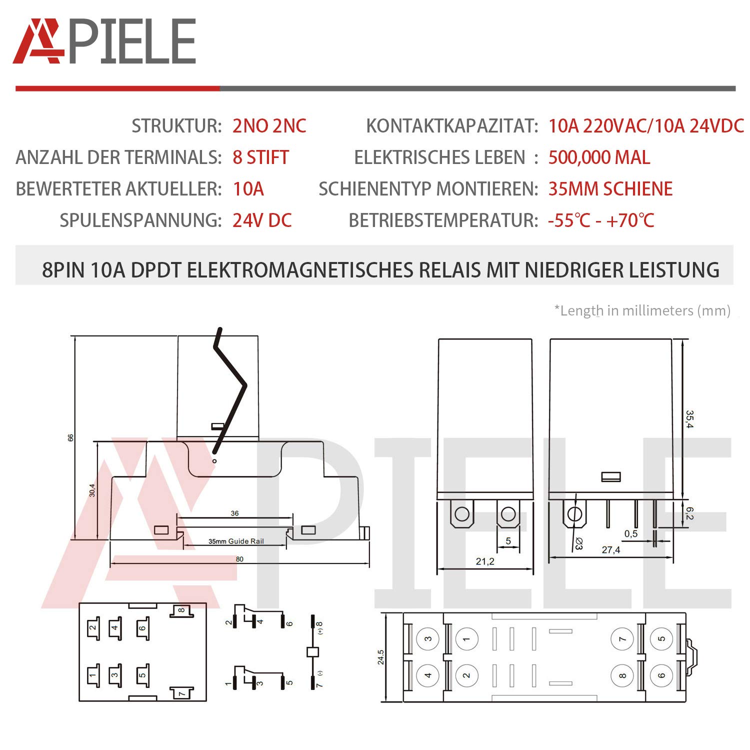 APIELE Relè elettromagnetico di potenza MY2NJ HH52P bobina 2PDT 2NO+2NC 8 pin 10 A con spia luminosa con attacco (24 VDC)