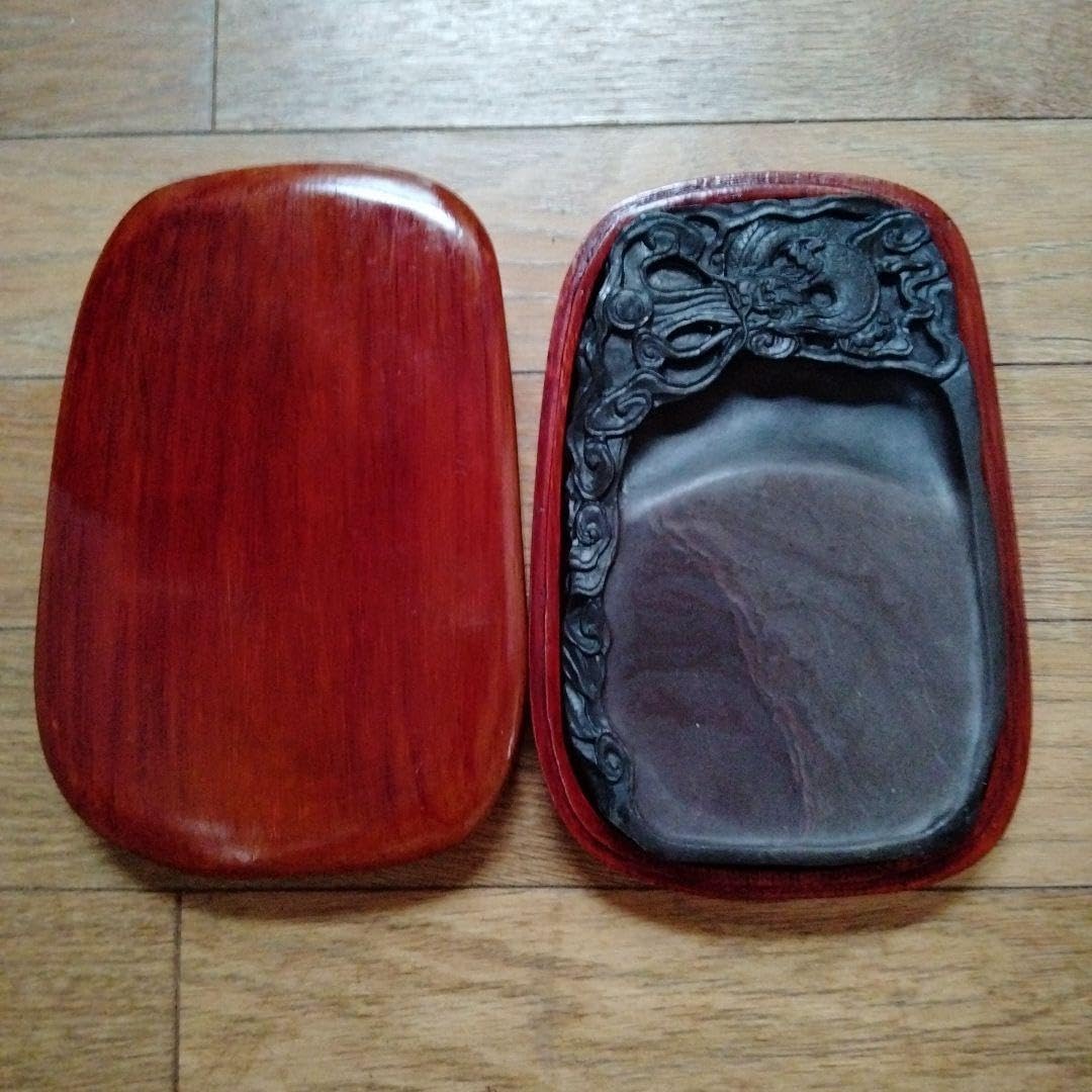 中国端渓名硯龍雲彫刻端渓硯硯箱と墨1本