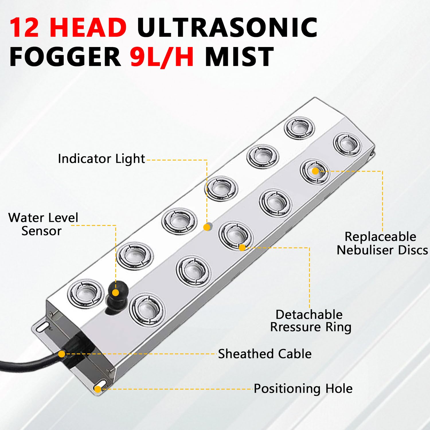 Nebelmacher 12-Kopf Ultraschall Nebelhersteller 9L/H Nebelbefeuchter mit 400W Netzteil und Boje, Ultraschall Nebelgerät aus Edelstahl 304 für Gärten, Teichen, Springbrunnen, Halloween und Weihnachten