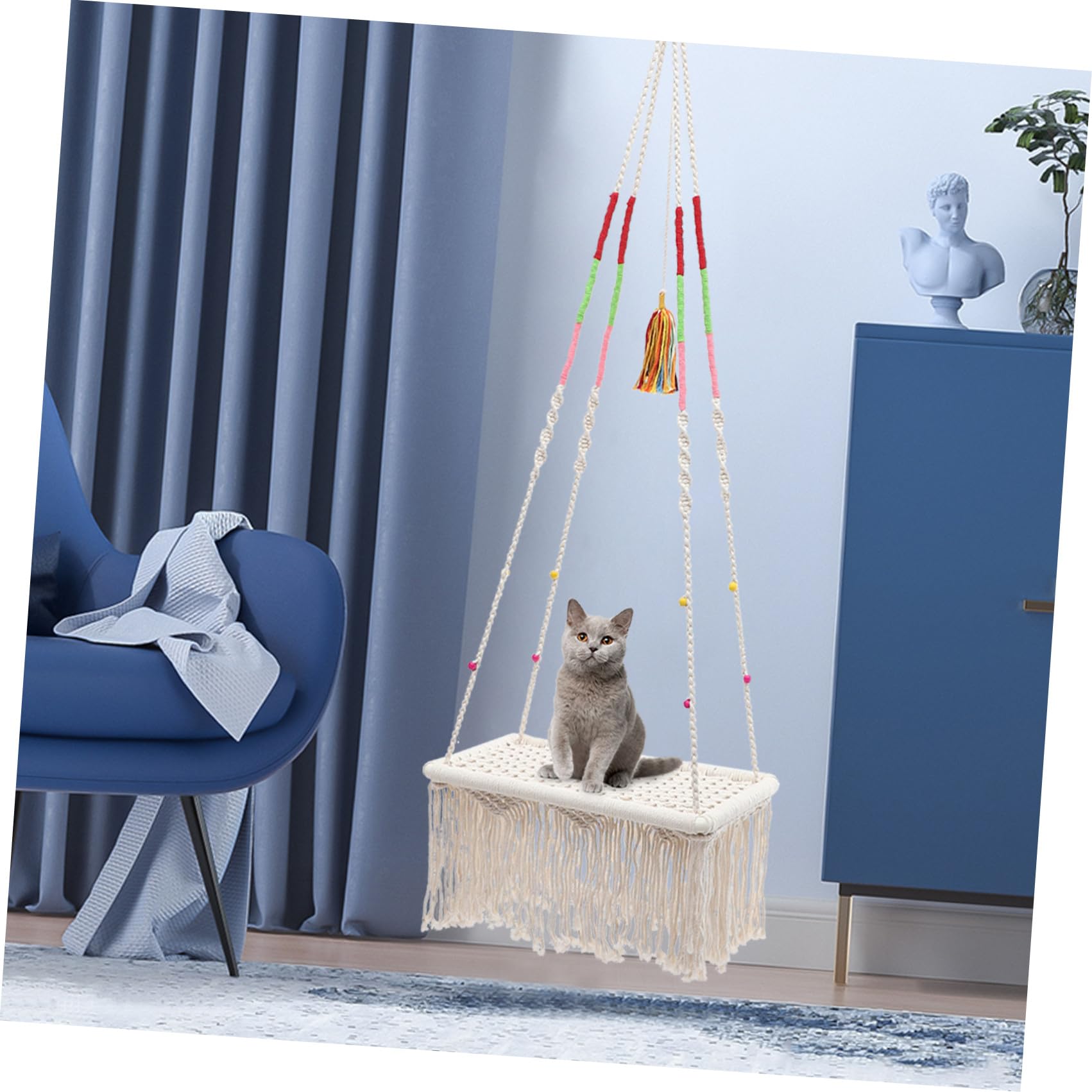 Veemoon Amaca per Gatti Sospesa in Corda di Cotone Beige, Decorativa e Facile da Lavare, Design Bohemien Intrecciato a Mano per Cuccioli e Uso Interno