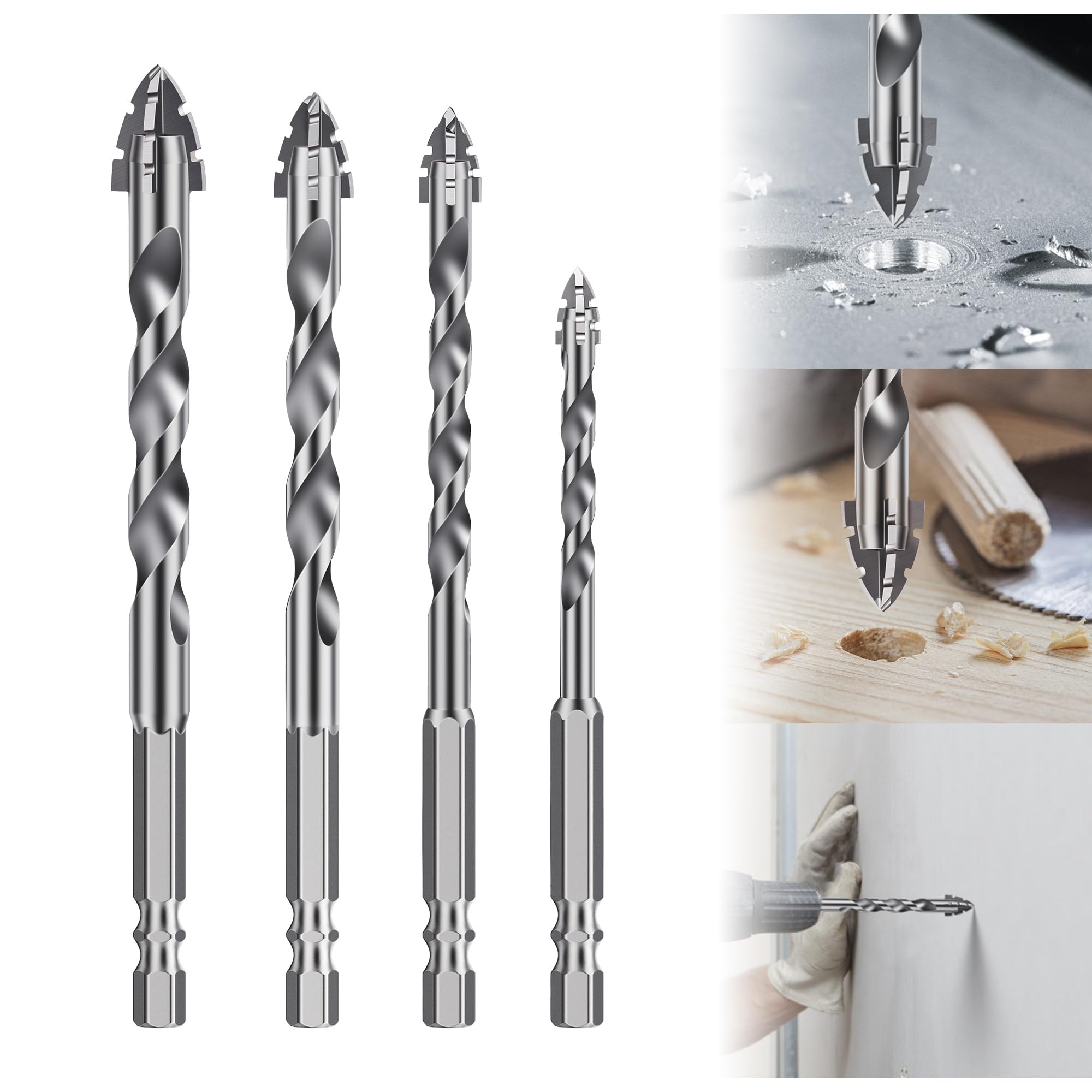 HUHAO 4-Flute Carbide Drill Bits Set (6/8/10/12mm) - 4-Edged Serrated Eccentric Drill for Drilling in Concrete,Tile,Glass,Stone,Ceramic- Durable