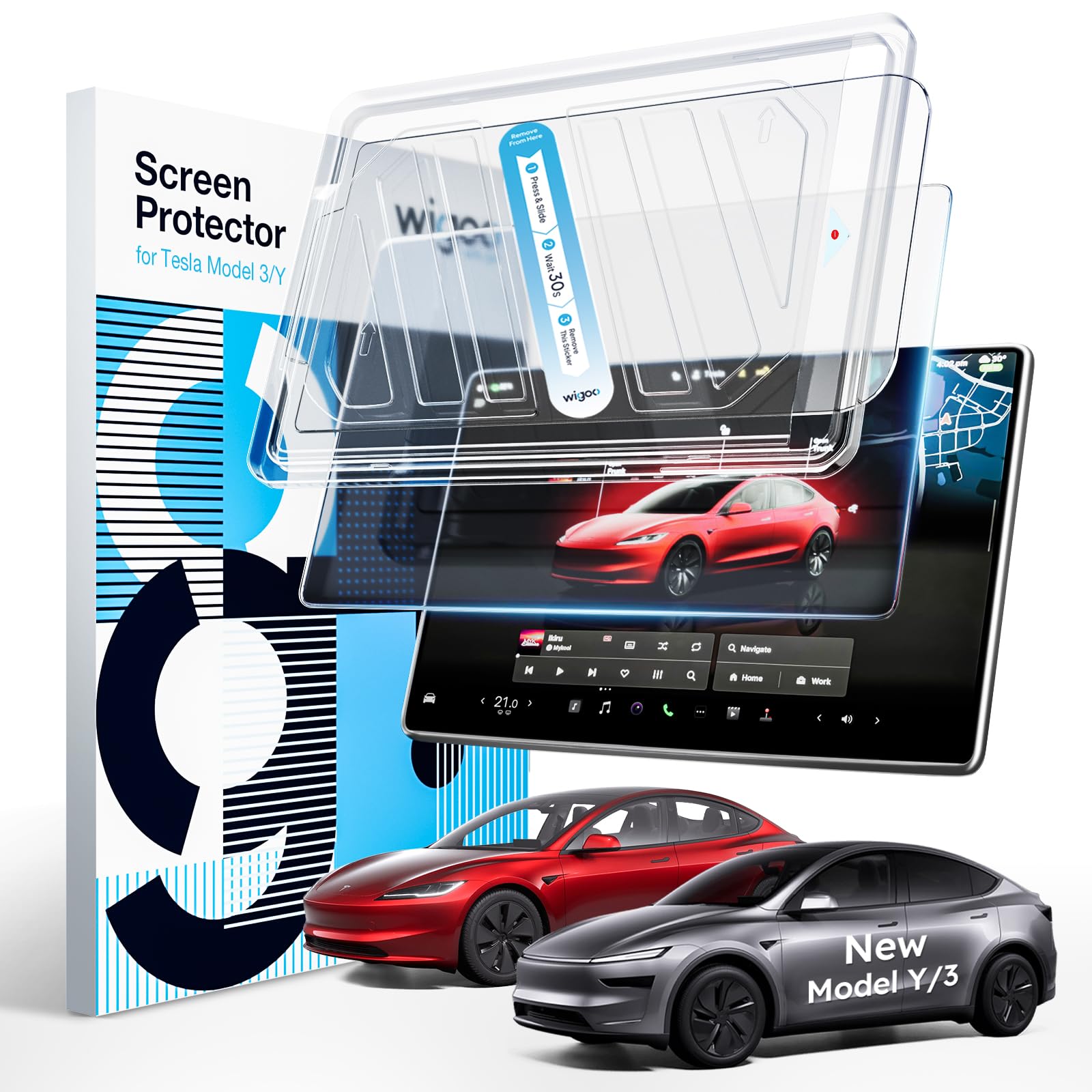 Wigoo Tesla New Model Y Juniper & Model 3 Screen Protector Matte [No Glare & Fingerprint] Model 3 Highland/New Model Y Juniper Accessories, Tempered Glass Protector with Alignment Kit