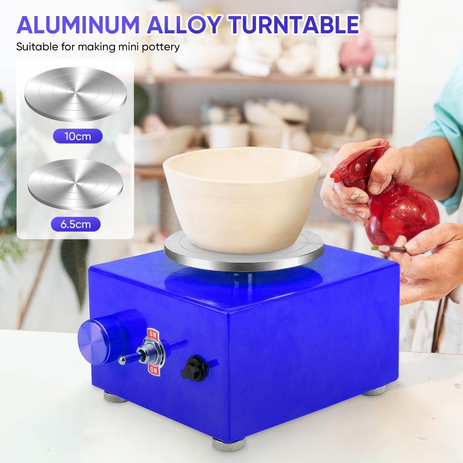 Mini torno de alfarería 6,5 cm 10 cm 30 W 0-300 rpm torno de alfarería eléctrico con pedal extraíble (azul)