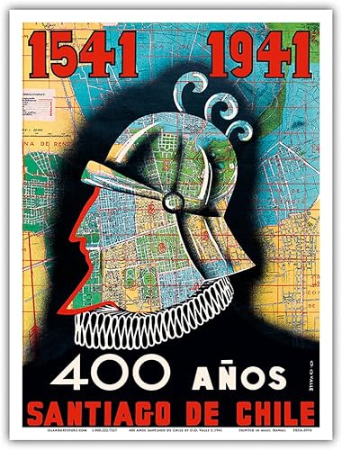 Miniatura 1 de 1541 a 1941-400 años Santiago de Chile (400 aniversario de Santiago Chile)  Conquistador  Póster de viaje vintage por O.O. Valle c.1941  Impresión