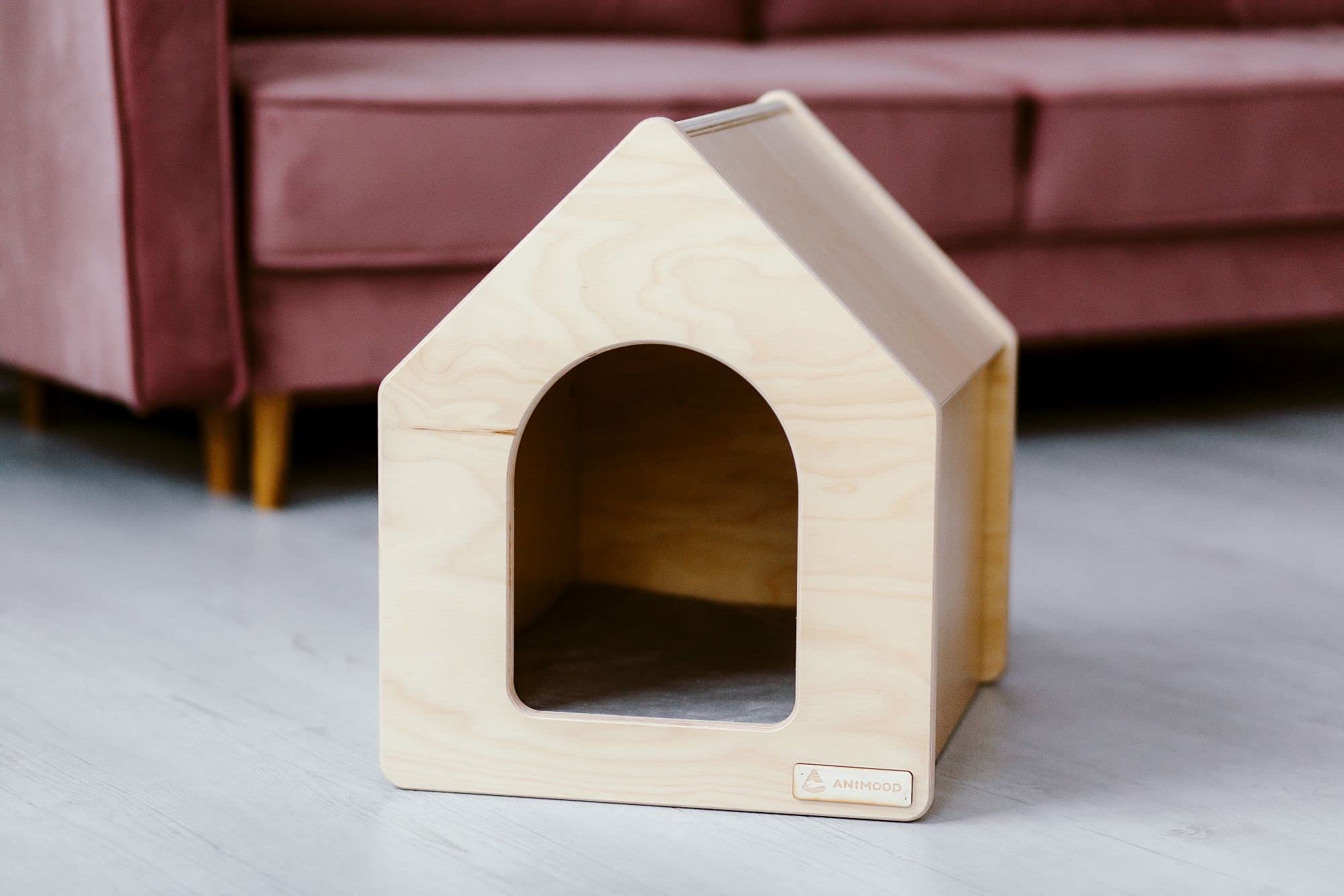 Ricco - Hundehütte aus Holz mit Matratze - Hundehaus Indoor - für kleine und mittelgroße Hunde - Rustikale Hundehütte aus Holz - Naturholz