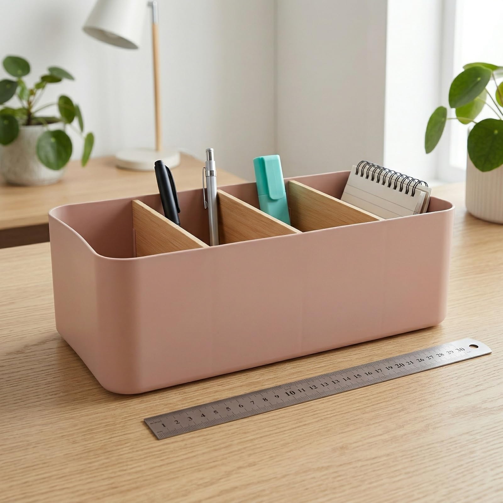 Schreibtisch Organizer, 4 Fächer Stiftehalter Bambus, Büro Organizer, Aufbewahrungsbox Desk Organizer für Stifte, Kosmetika (Rosa)