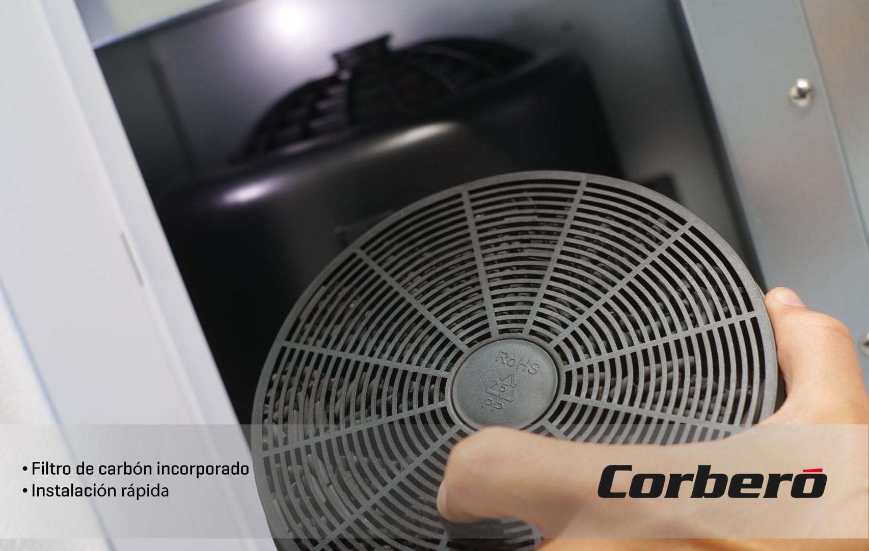 Corberó – Campana Decorativa `[NYASA9000W] 90 cm | Caudal 831 m3/h| 3 Velocidades | Control Touch | Filtro Aluminio 3 Capas + Filtro Carbón | E.Energética A++ | Cristal Blanco