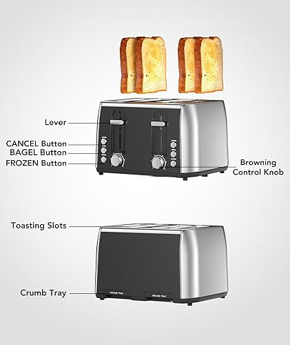 Miniatura 9 de Tostadora de 4 rebanadas, paneles de control dobles de 6 ajustes de sombra, tostadoras de ranura extra ancha con bandejas de migas extraíbles,