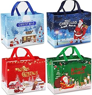 4 Pack Christmas Bags, Reusable Grocery Bag Tote Bag Gift with Handle Gift Present Bag Shopping Bag for Holiday Xmas Event Party