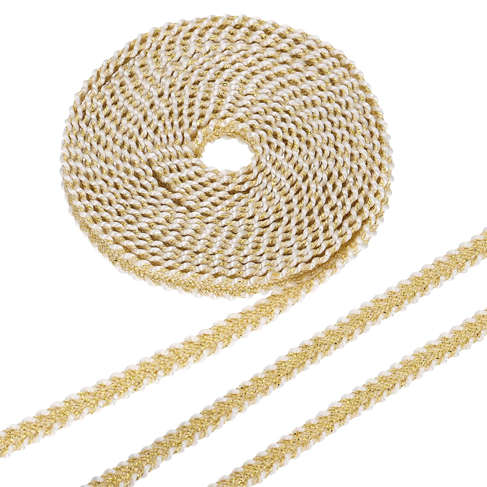 sourcing map 9.14M Gimp Braid Trim, 6 mm Polyester Woven Braid Ribbon, Fabric Twist Lace Trimming Edge for DIY Sewing Craft Clothing Curtain Hat Bag Wedding Dress, White/Gold
