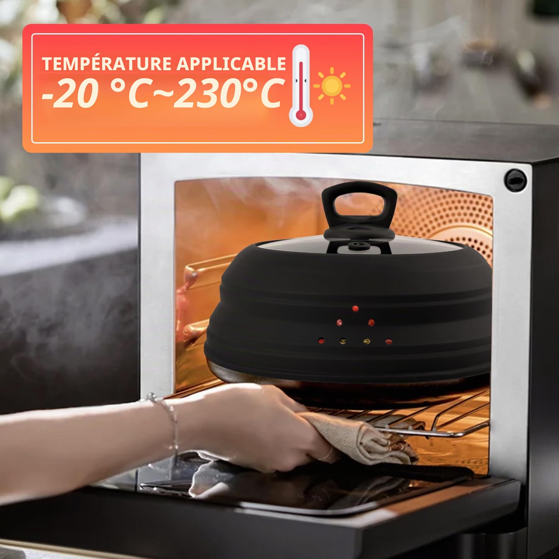 Couvercle anti-éclaboussures pour micro-ondes en verre de 26,7 cm avec poignée, couvercle pliable en silicone pour micro-ondes avec aération de vapeur pour assiette, casserole, bol (noir)