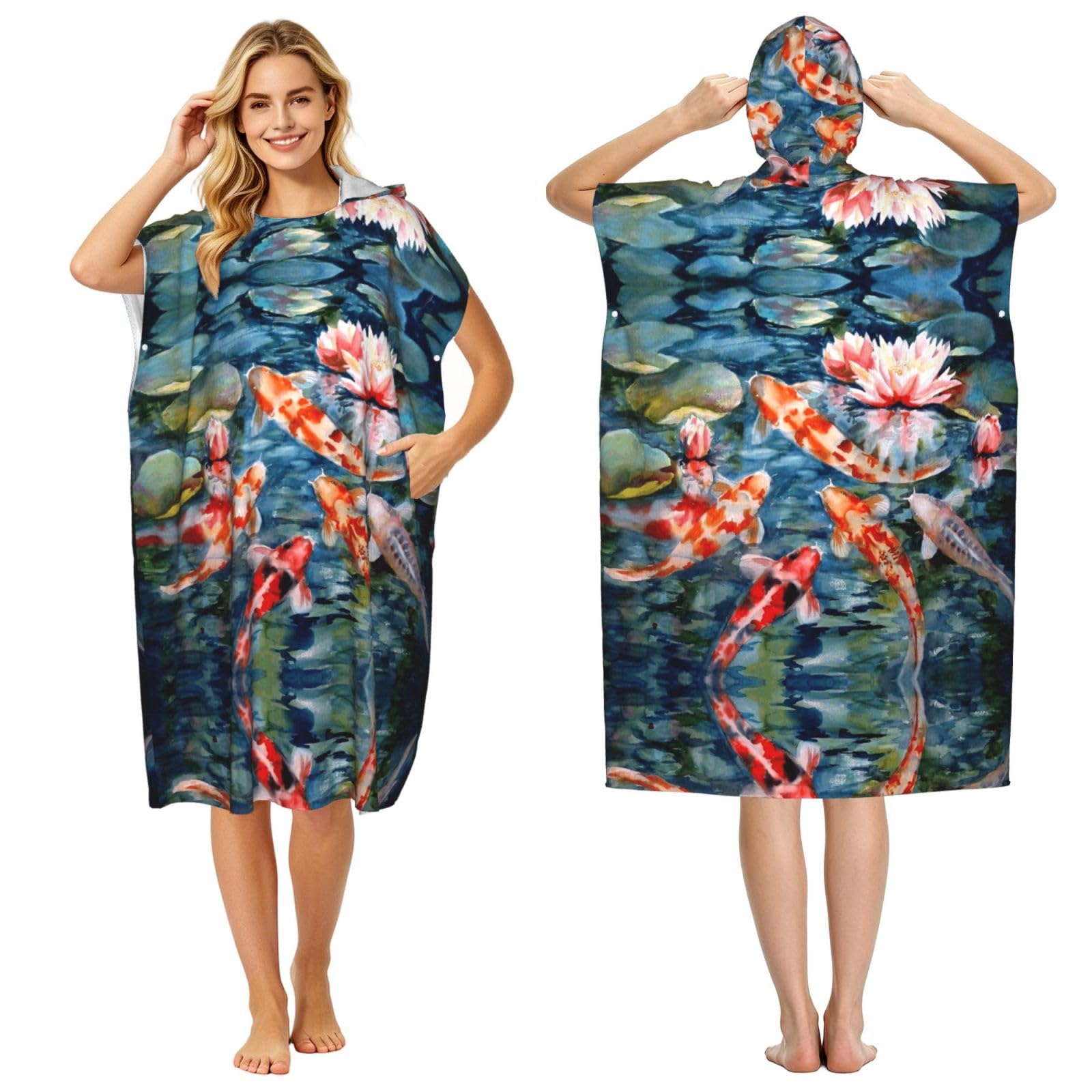 EZDLOWVBA Fish Print Hooded Poncho Microfiber Beach Towel,Adult Women & Men Changing Robe,Lightweight Summer Surf Swim Bath Poncho Towel