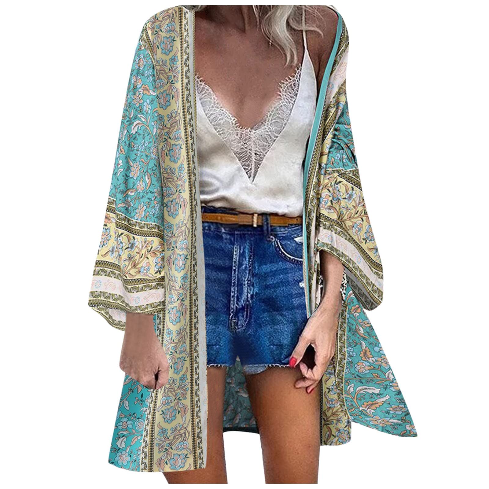 HGTSHUANGTA Mujer Gasa Cárdigan Floral Kaftan Playa Kimono Pareos Bohemia Suelto Verano Cover Up Blusa Homewear Tops