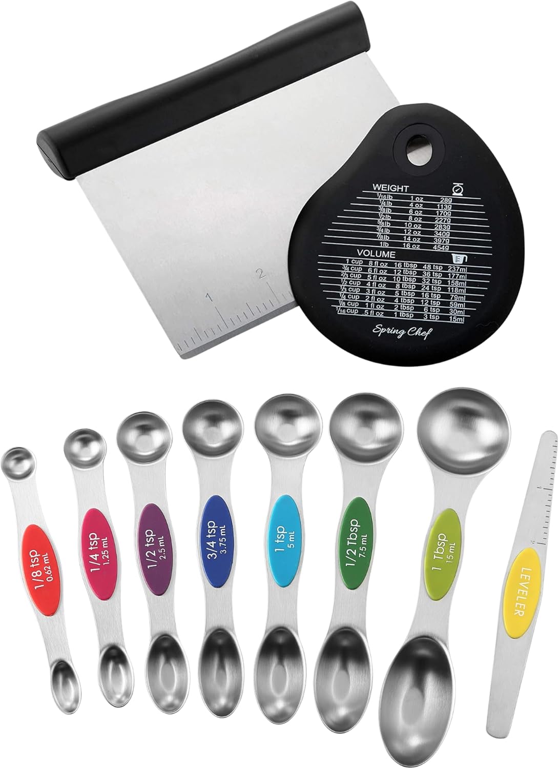 Spring Chef Stainless Steel Bench Scraper With Bonus Bowl Scraper, Black & Stainless Steel Magnetic Measuring Spoons Set, Multi-Color - 2 Product Bundle