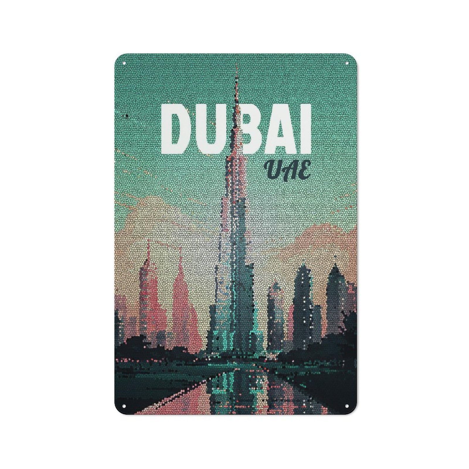 Junmoney Style-16 Tin Wall Plaque 30X20cm With Dubai Uae Skyline Mosaic Art For Guest Room Or Hallway, A Decorative Christmas Gift For Home Decor Collectors