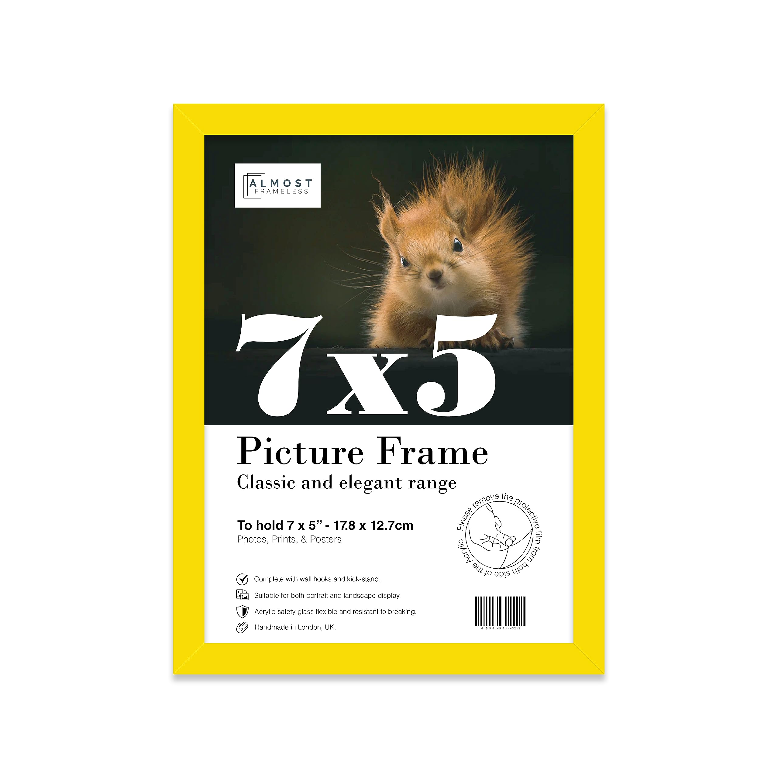 Almost Frameless 7x5 Yellow Picture Frame 7"x5"(17.7x12.7cm) Poster, Photo, Artwork, or Print. Thin Edge Slim Frame Portrait and Landscape Display with Wall Hooks