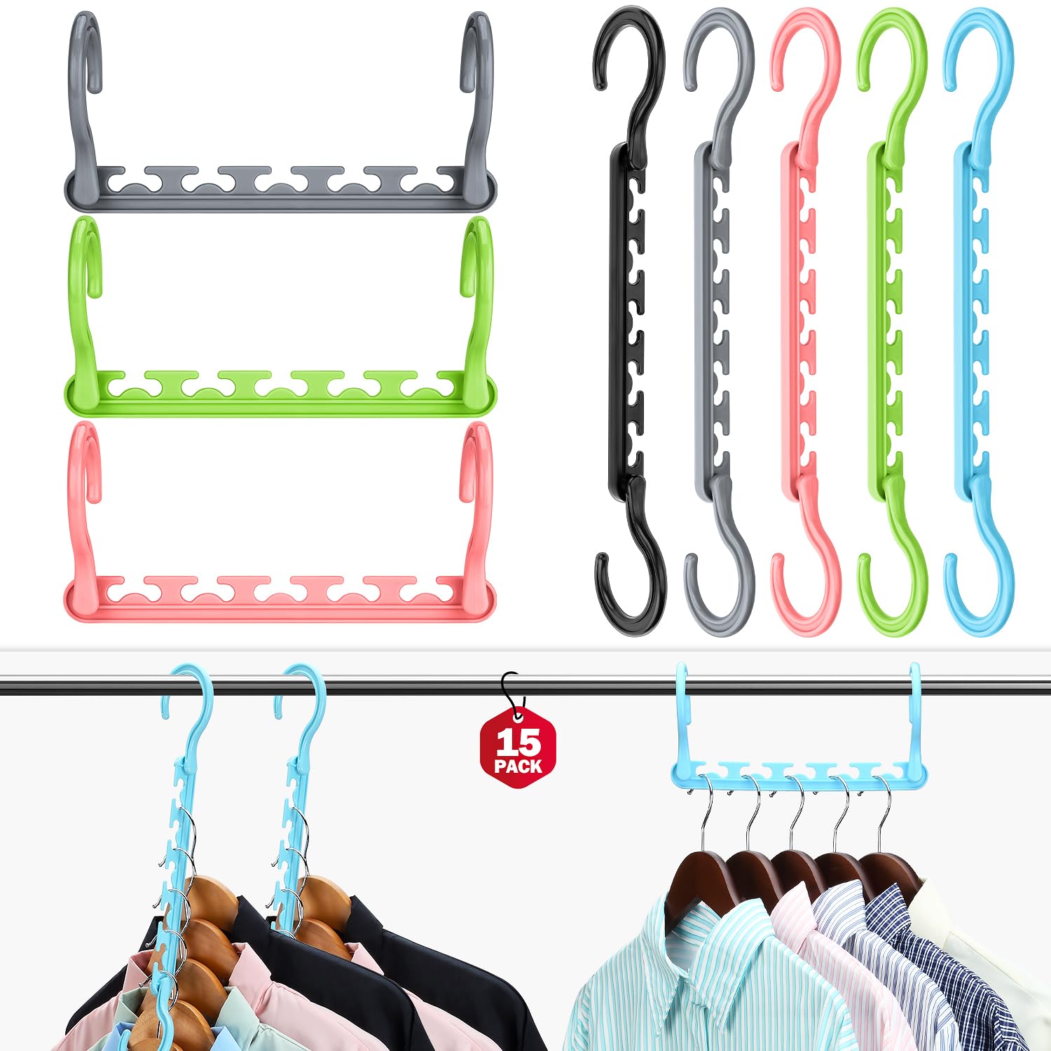Boxusa Hangers-Space-Saving, Sturdy Space-Saving-Hanger 15 Pack, Closet-Organizers-and-Storage, Closet-Organizers with 5 Holes Save 80% of Closet Space, College-Dorm-Room-Essentials, Magic-Hangers