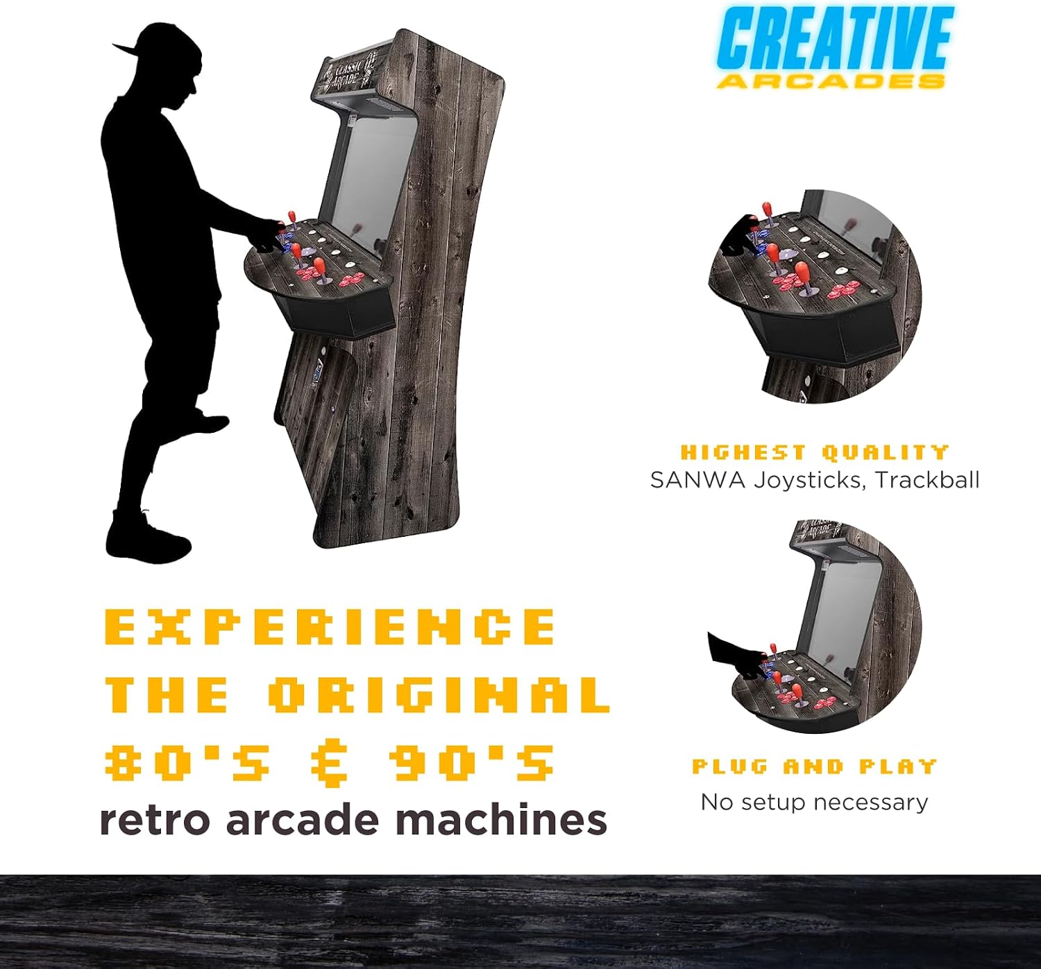 Creative Arcades Full Size Stand-Up Commercial Grade Arcade Machines | 4 Player | 4500 Games | 32" LCD Screen | 4 Sanwa Joysticks | Trackball | Woodgrain | 2 Stools Included | 3 Year Warranty