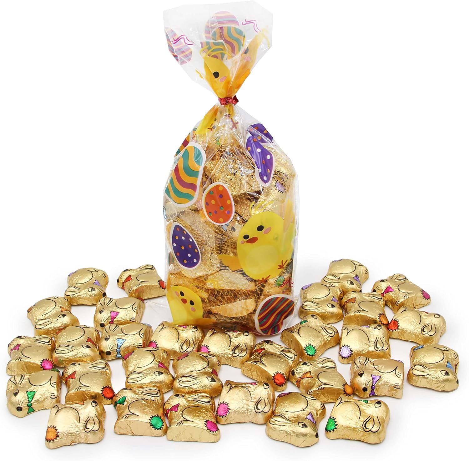 Milk Chocolate Gold Easter Bunnies in an Easter Themed Gift Bag 300g - Pack of 3 Nets (100g Each) of Chocolate Golden Bunnies for Easter Egg Hunts or Gifting