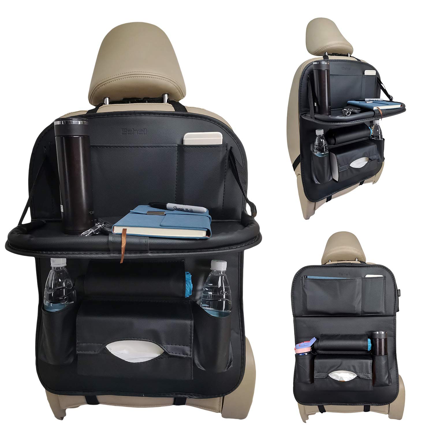 BSHELL Car Backseat Organizer PU Leather (2 pack-Black, Upgraded) Car Seat Back Protectors with 7 Storage Pockets for Kids Toy Bottle Drink Waterproof Vehicles Travel Accessories