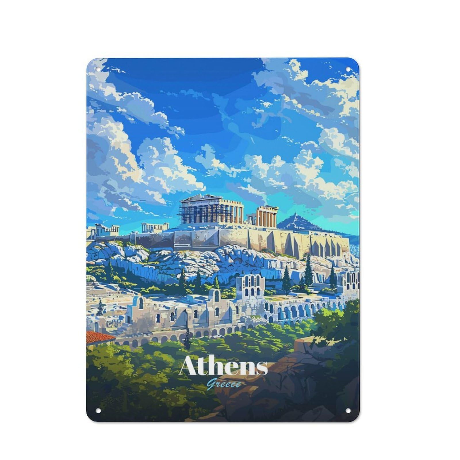 Junmoney Style-2 Tin Wall Plaque 40X30cm With Athens, Greece Illustrated Cityscape For Home Office Or Studio, For Garage, Workshop And Man Cave Decoration