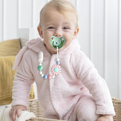 Miniatura 2 de LSTRAGY Clip de silicona para chupete, paquete de 2 soportes para chupón para niños y niñas, adorables clips de girasol para chupete se adapta a la