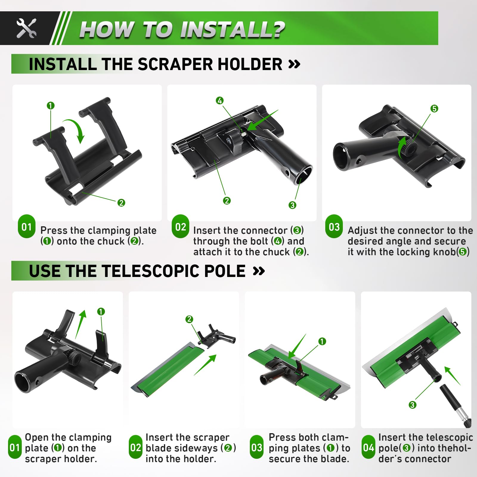 Set spatole professionali per superfici in valigetta - 5 spatole per superfici (190mm mezzaluna, 250mm, 400mm, 600mm, 800mm) - 2x spatole manuali - asta telescopica in alluminio (Verde 5 pcs)