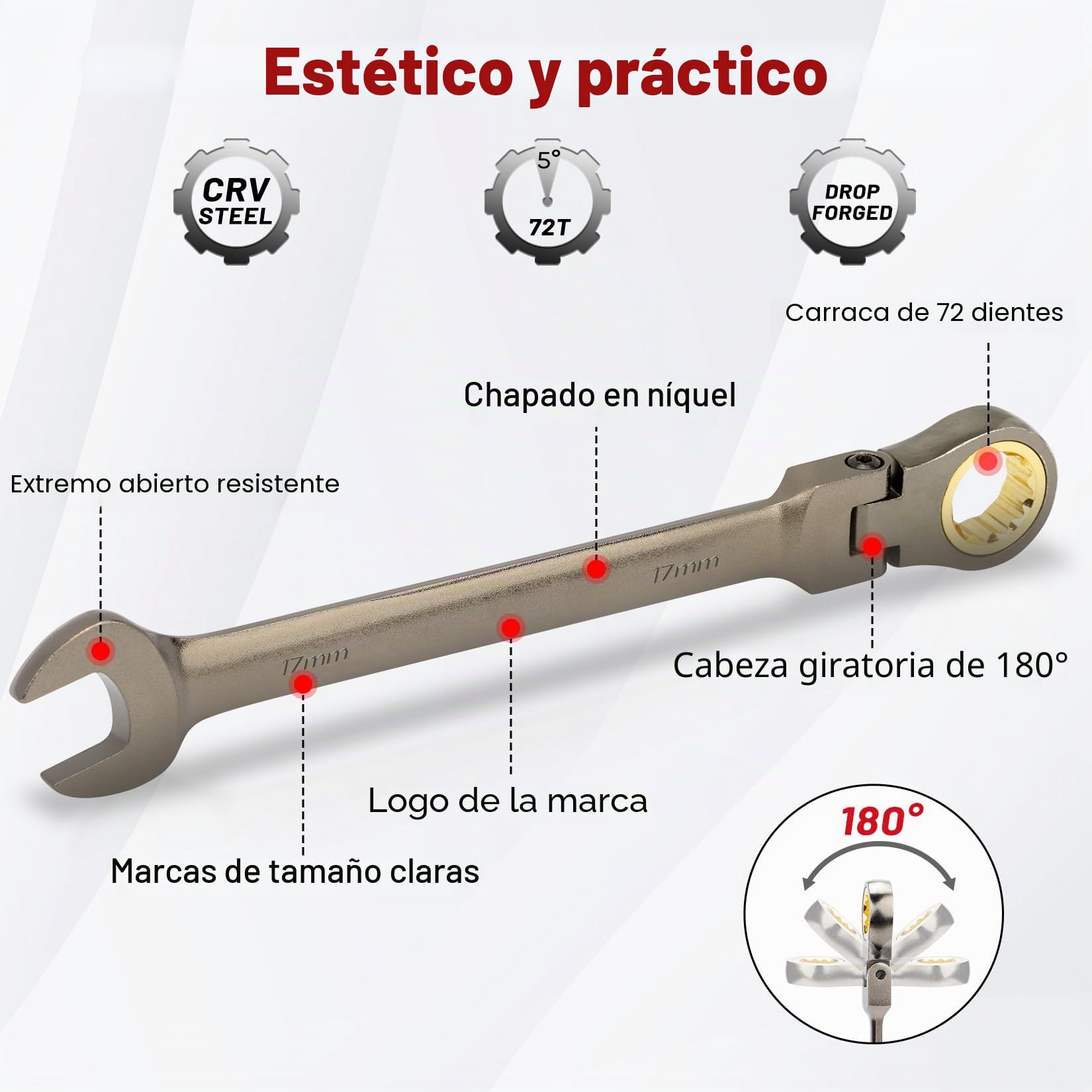 Shall Conjunto de llave de Ratcheting de cabeza flexible de 9 piezas, 72 dientes métricos 8-19mm, Cr-V construido, Chapado Níquel con bolsa de organización